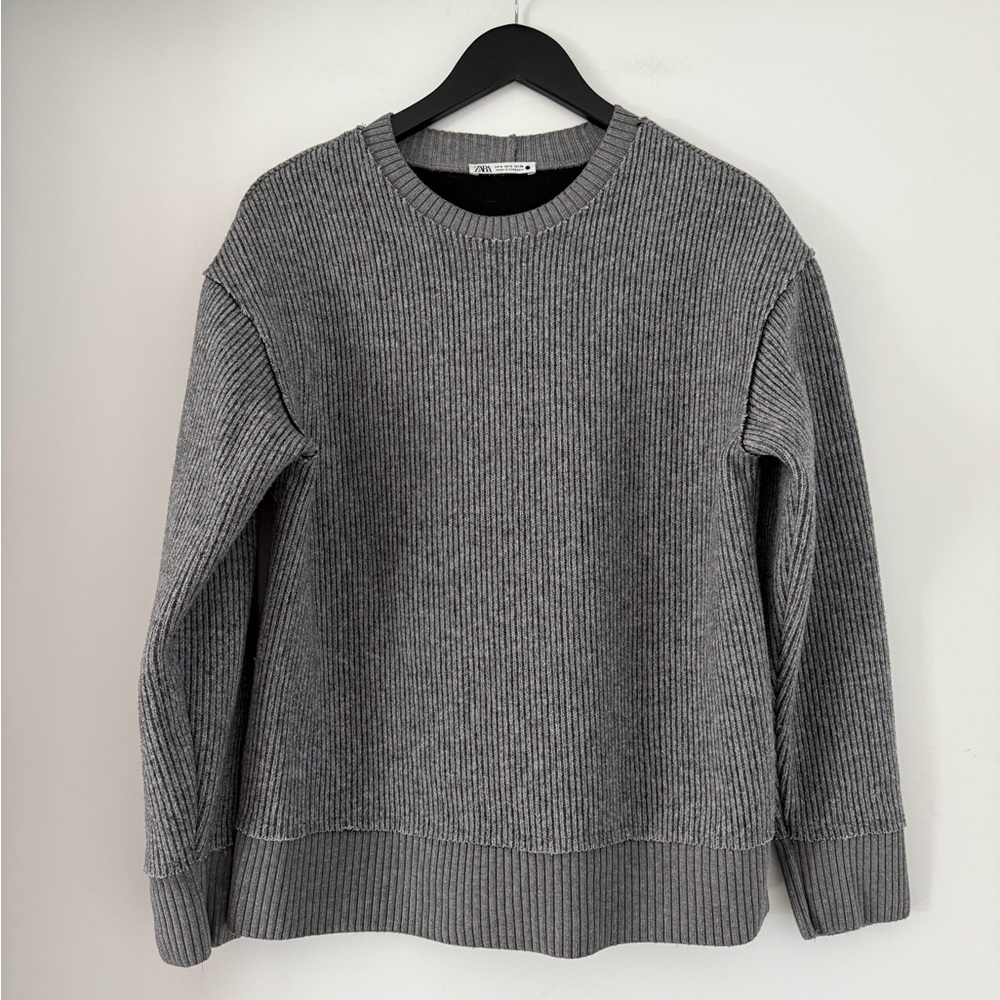 Zara Grey Ribbed Crewneck Sweatshirt
